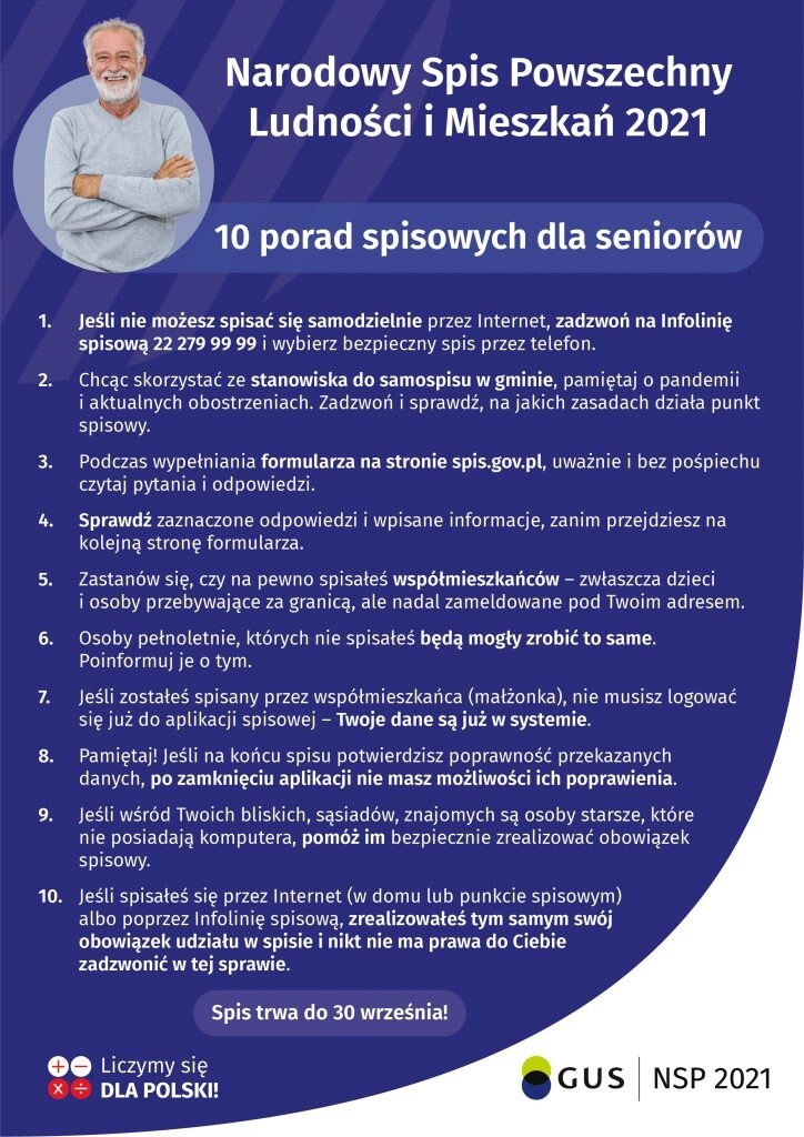 plakat przedstawiający dziesięć porad spisowych dla seniorów