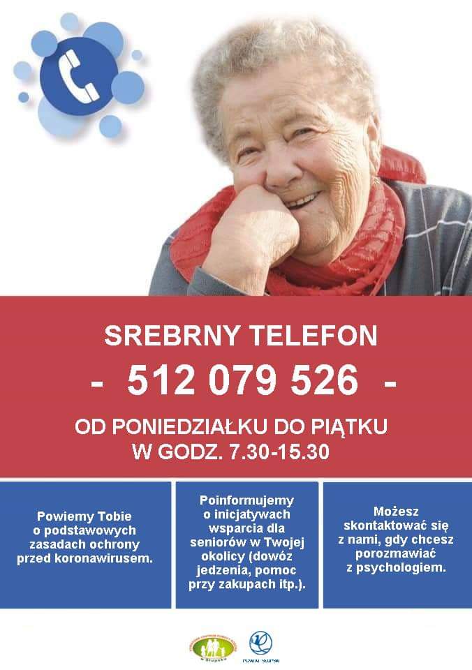 Ulotka srebrny telefon przedstawiająca ogólne informacje dotyczące wsparcia seniorów w czasie trwania epidemii koronawirusa w tym numer telefonu do kontaktu w sprawie wsparcia psychologicznego