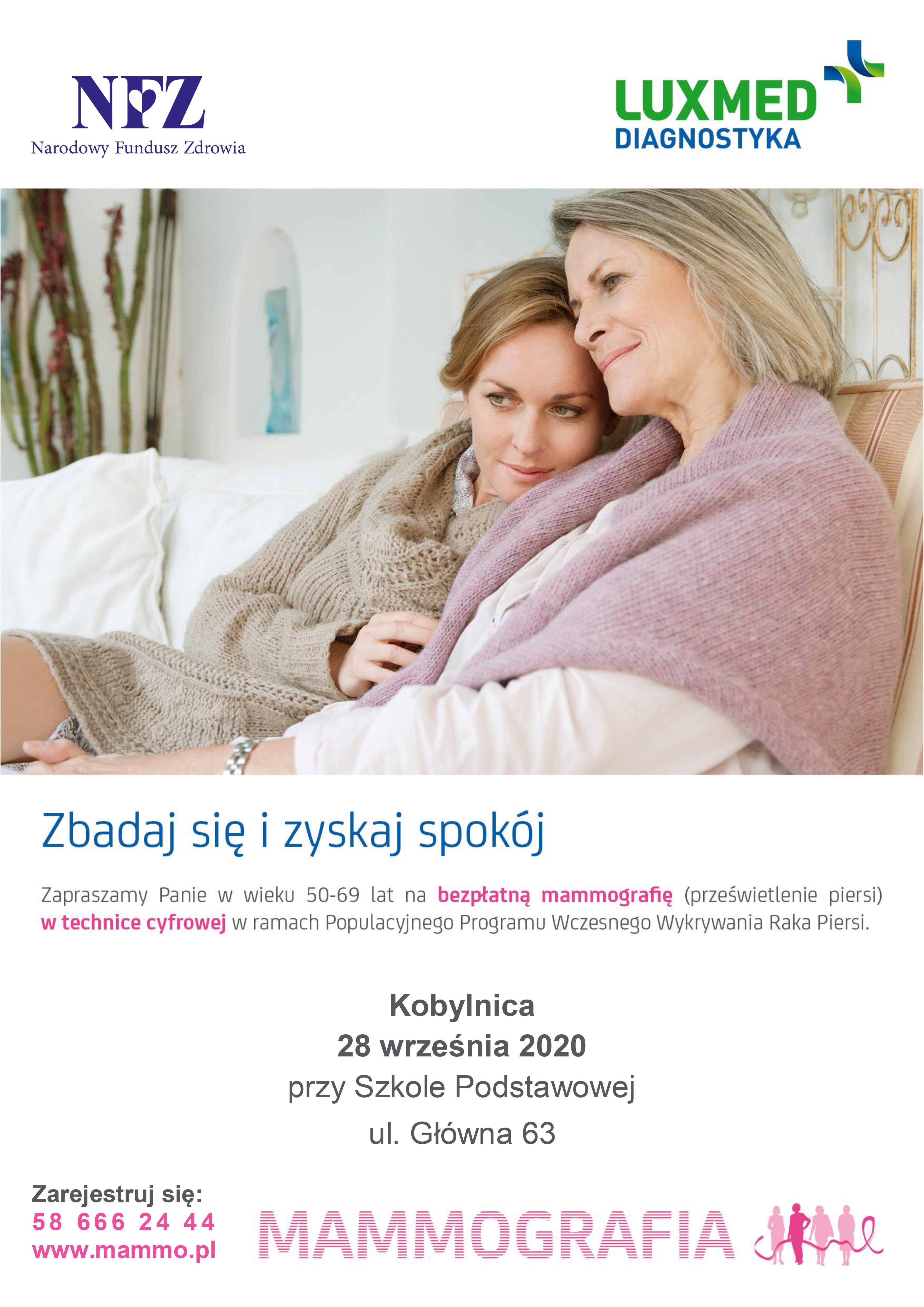 plakat przedstawiający informacje na temat badania mammograficznego dla mieszkanek Gminy Kobylnica