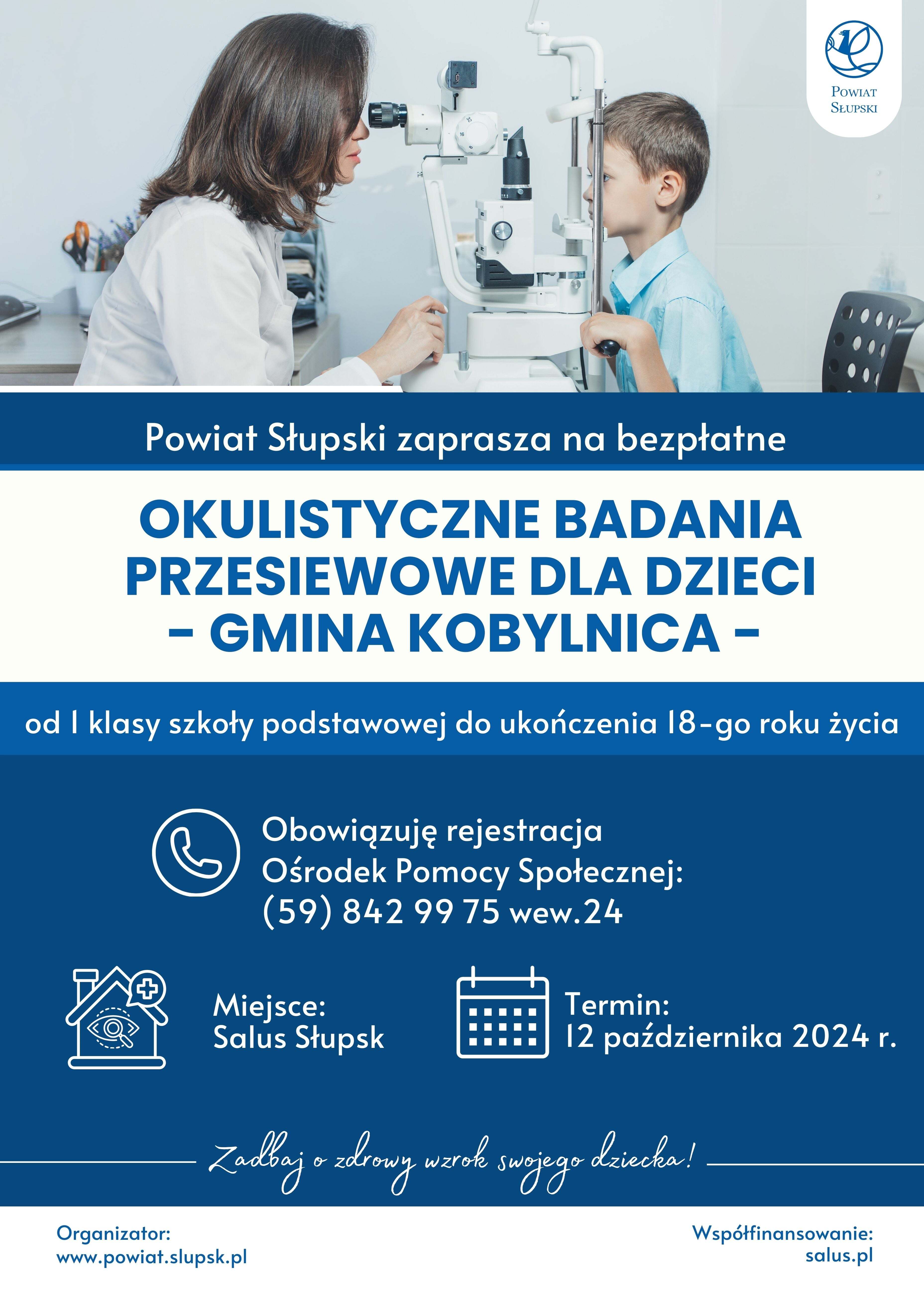 plakat ze szczegółami badań okulistycznych przesiewowych dla dzieci w gminie kobylnica