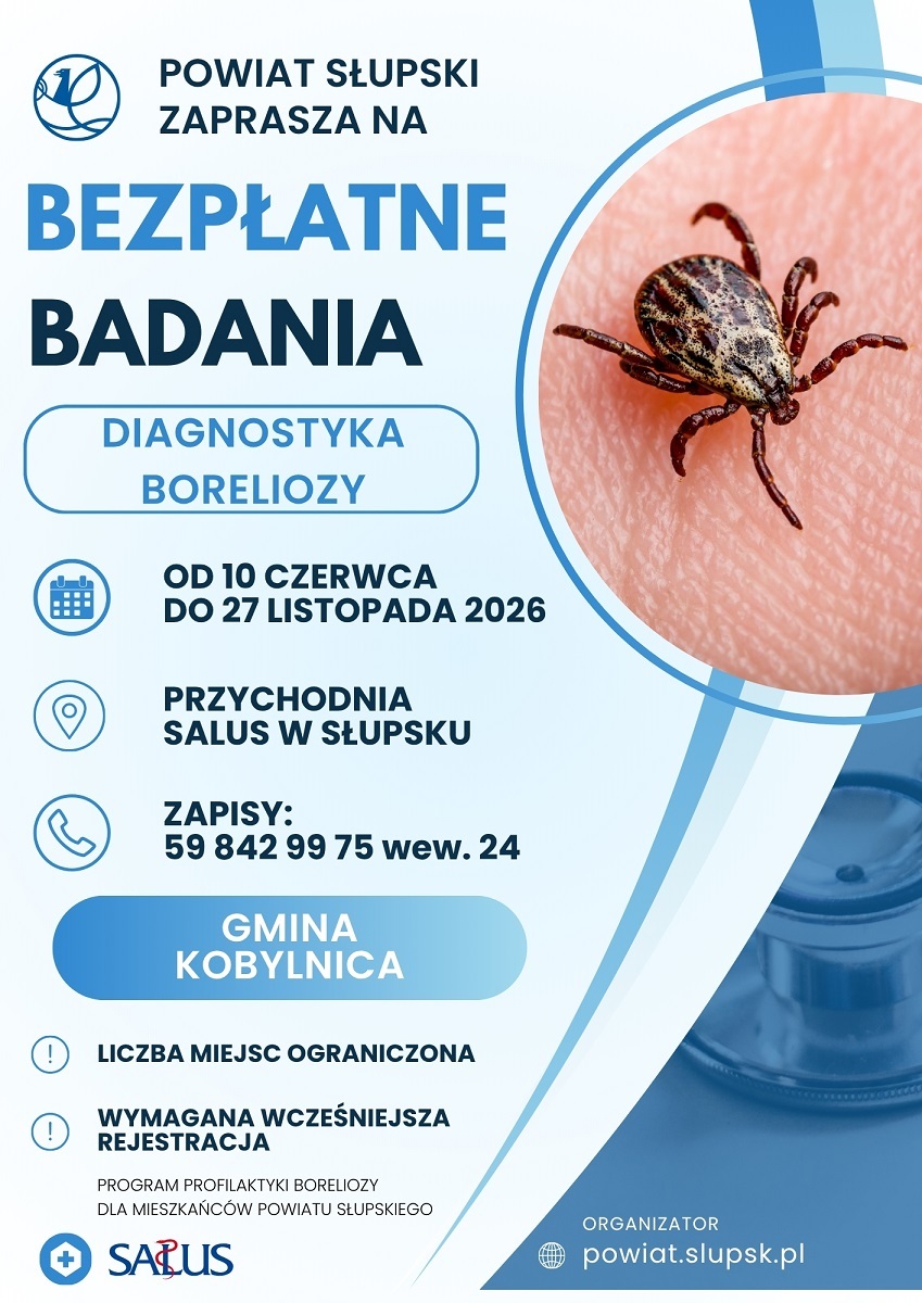 grafika przedstawia plakat ze szczegółami dotyczącymi badania boreliozy dla mieszkańców powiatu słupskiego w Klinice Salus