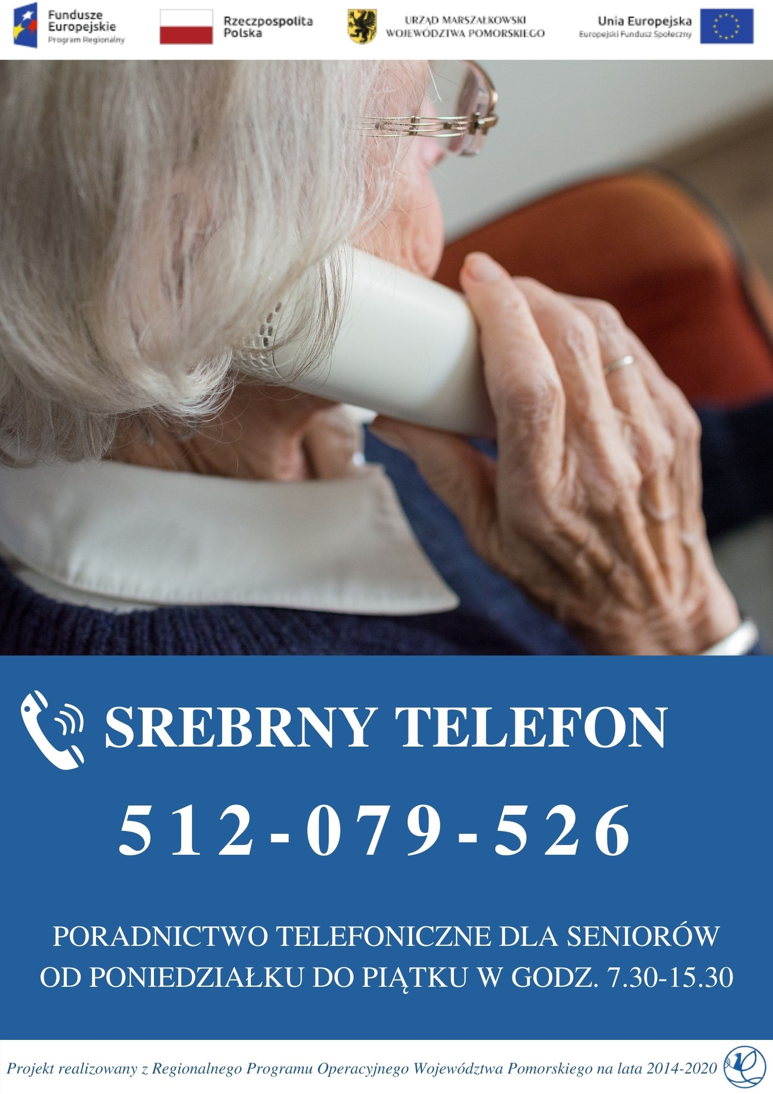 ULOTKA SREBRNY TERLEFON PRZEDSTAWIAJĄCA PROFIL SENIORKI TRZYMAJĄCEJ PRZY UCHU SŁUCHAWKĘ TELEFONU, PONIŻEJ NUMER TELEFONU