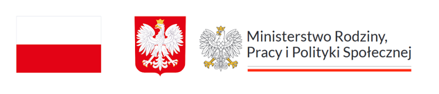 od lewej plaga Polski, godło Polski, logo Ministerstwa Rodziny, Pracy i Polityki Społecznej z orłem w koronie