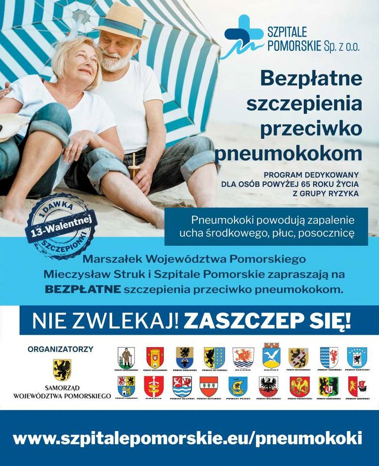 plakat przedstawiający informacje dotyczące bezpłatnych szczepień przeciwko pneumokokom  dla mieszkańców województwa pomorskiego powyżej 65 roku życia